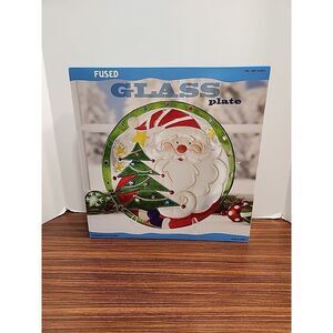 Beautiful Costco Christmas Santa Art Glass Fused Glass Round Serving Plate 13 In